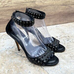 Manolo Blahnik Black Studded Leather Heels Sandals Womens Ankle Strap Size 39